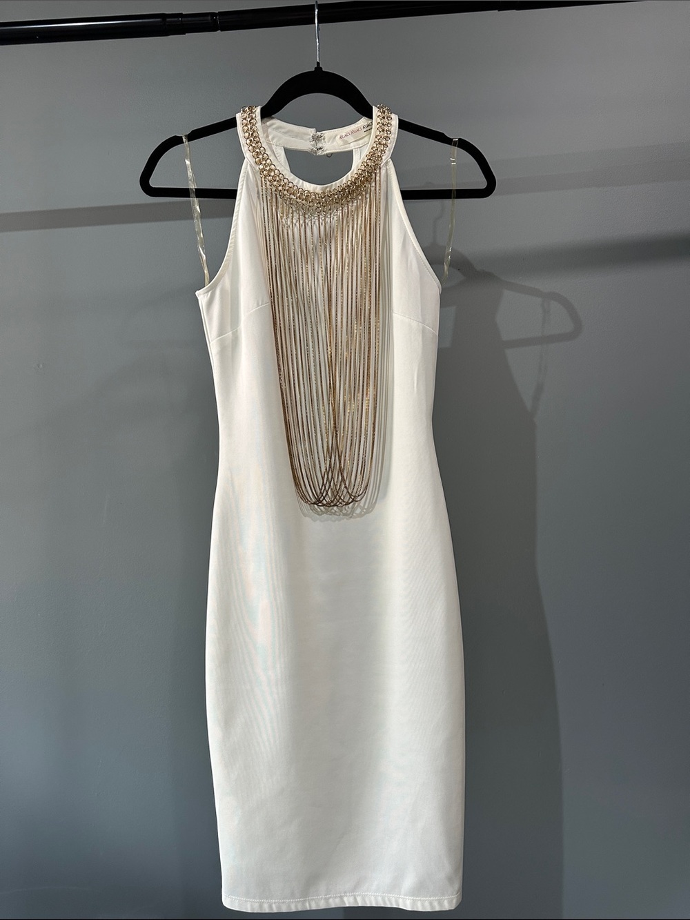 a'gaci Cream Halter Midi Dress with Gold Fringe Necklace